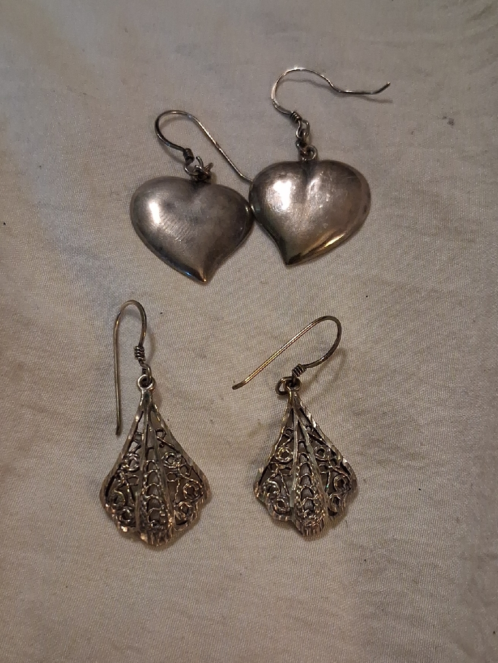 Real Silver Heart and Filigree Drop Earrings - Silver